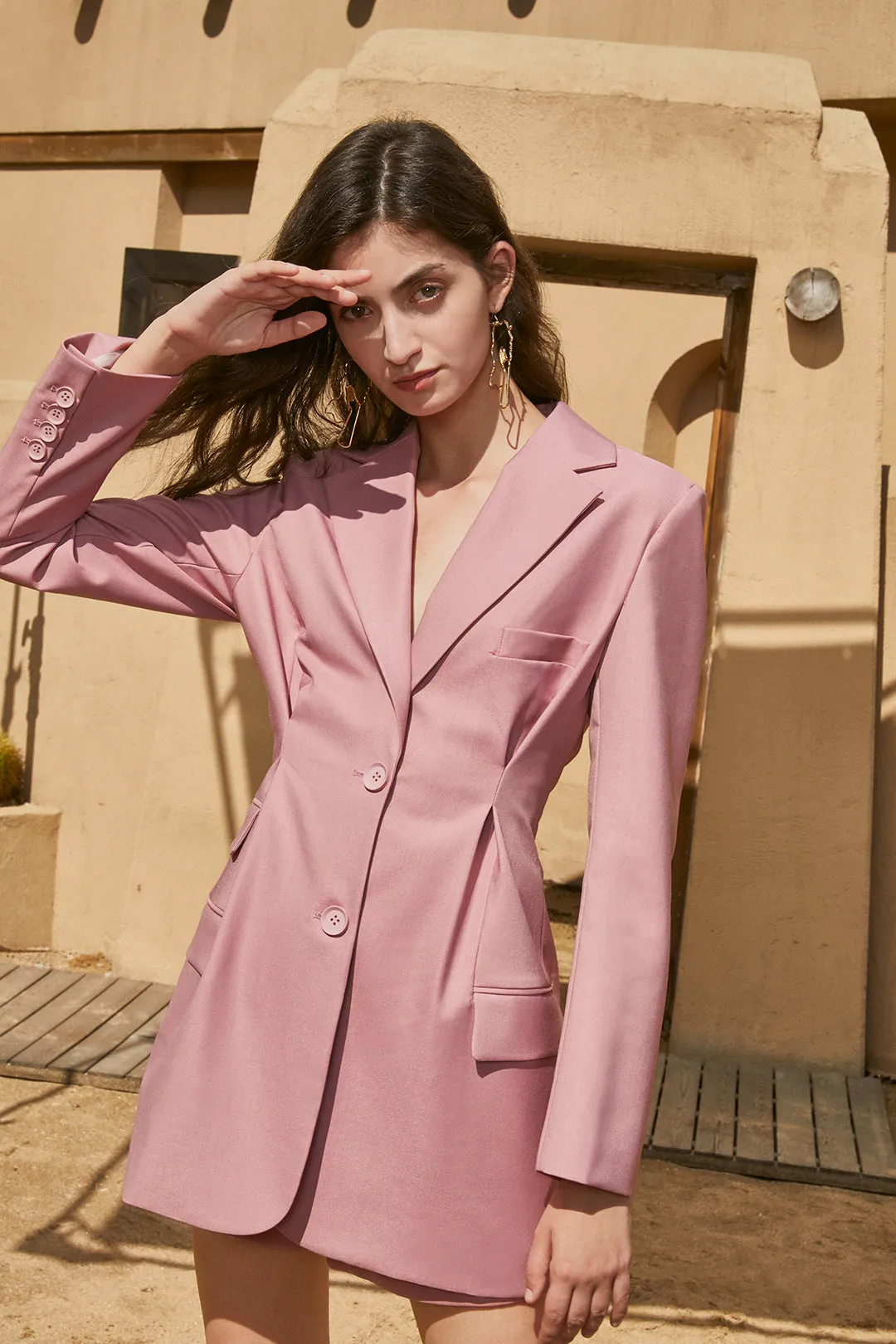 Pink women coat jacket waist retraction