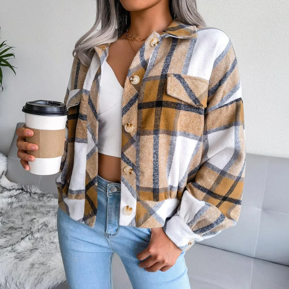 Plaid lantern long sleeve woolen coat jacket women's clothing