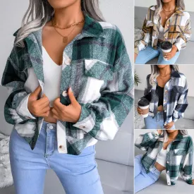 Plaid lantern long sleeve woolen coat jacket women's clothing