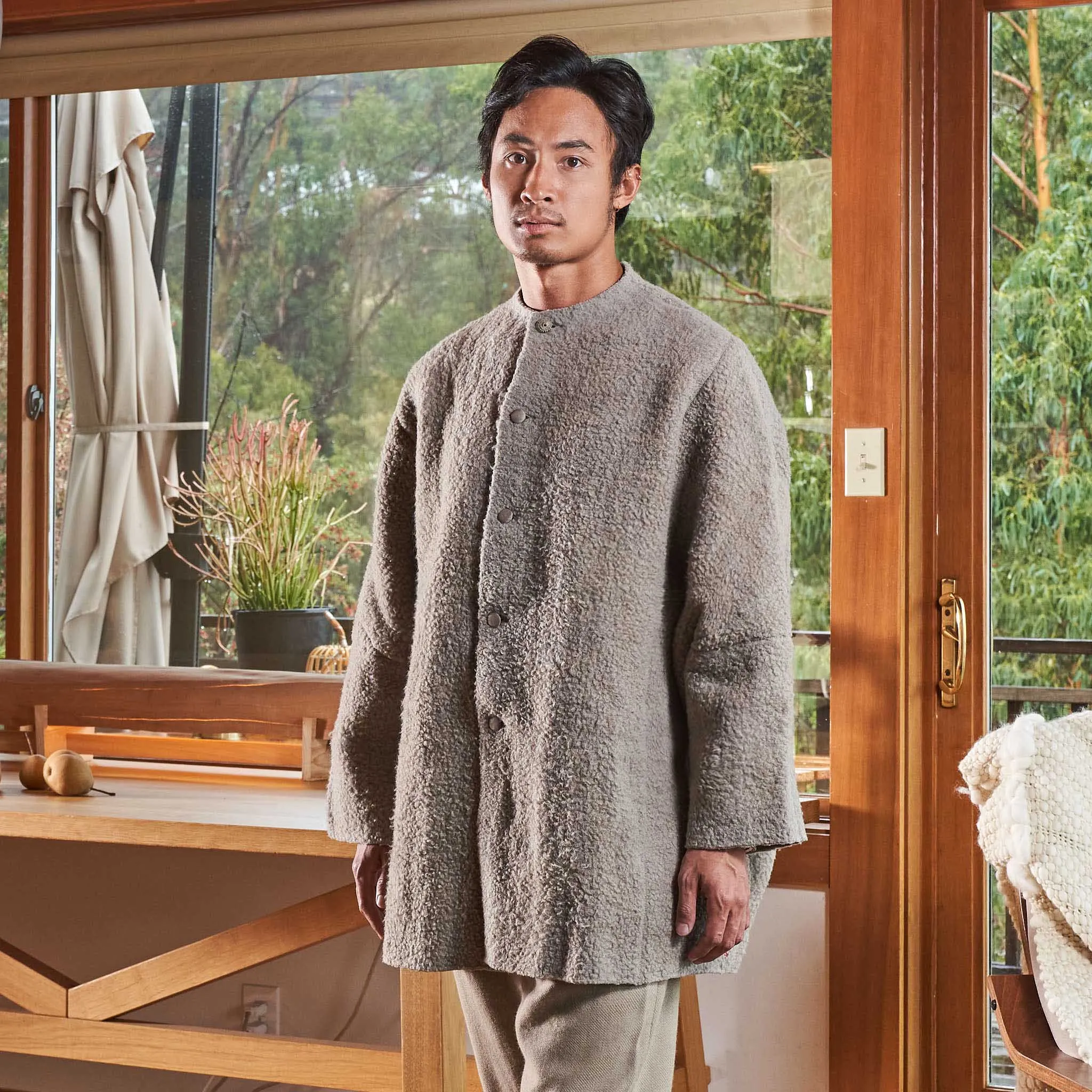 Silk-Lined Cocoon Coat, Handspun & Handwoven Iron Gray Wool