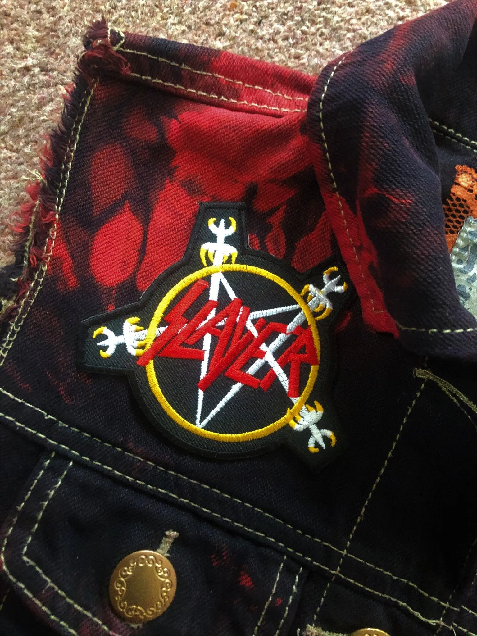 Slayer Girls' Reign In Blood Red Tie-Bleach Patch Battle Jacket Cut-Off Denim