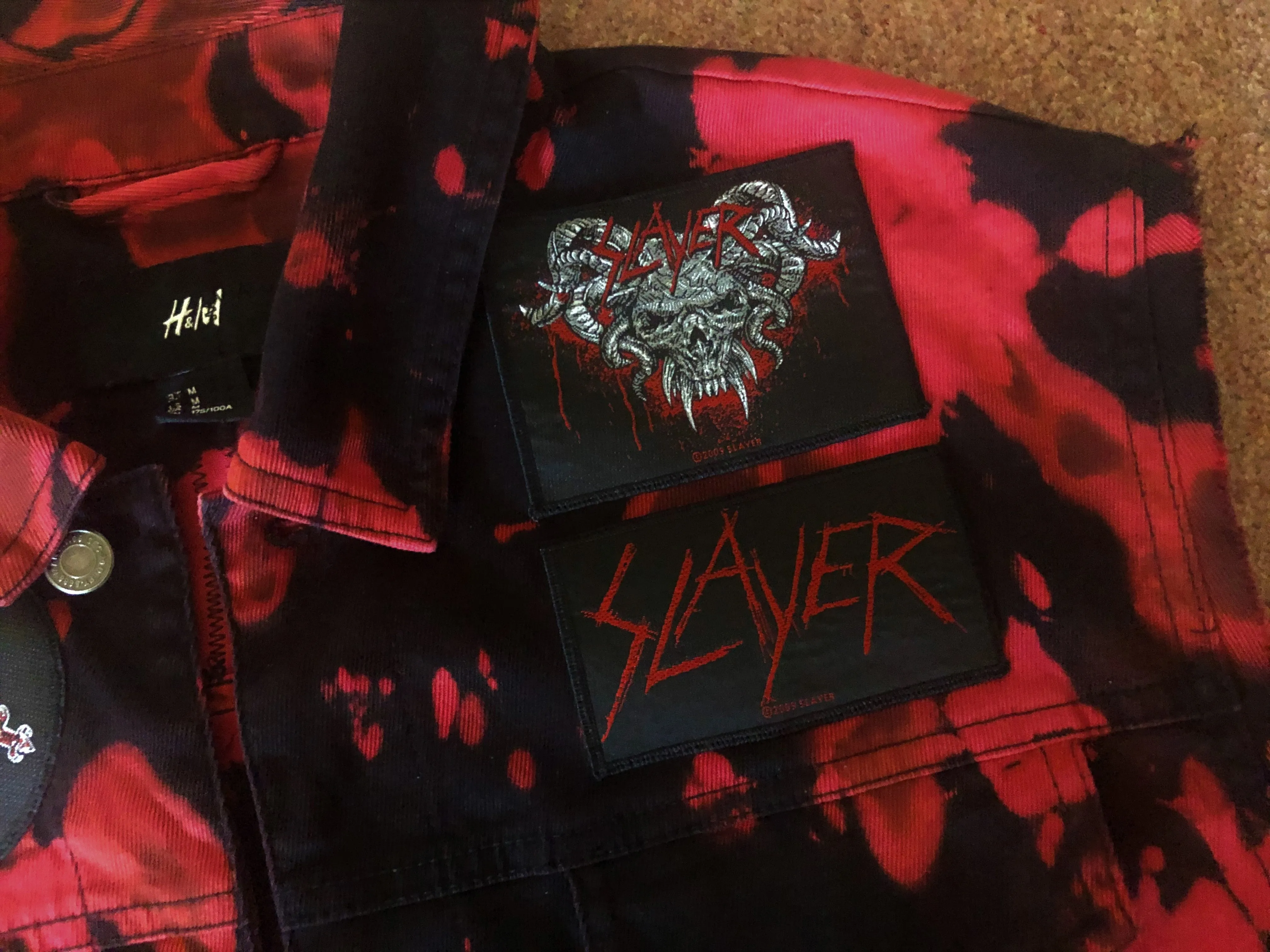 Slayer Reign In Blood Red Tie-Bleach Patch Battle Jacket Cut-Off Denim 2XL 