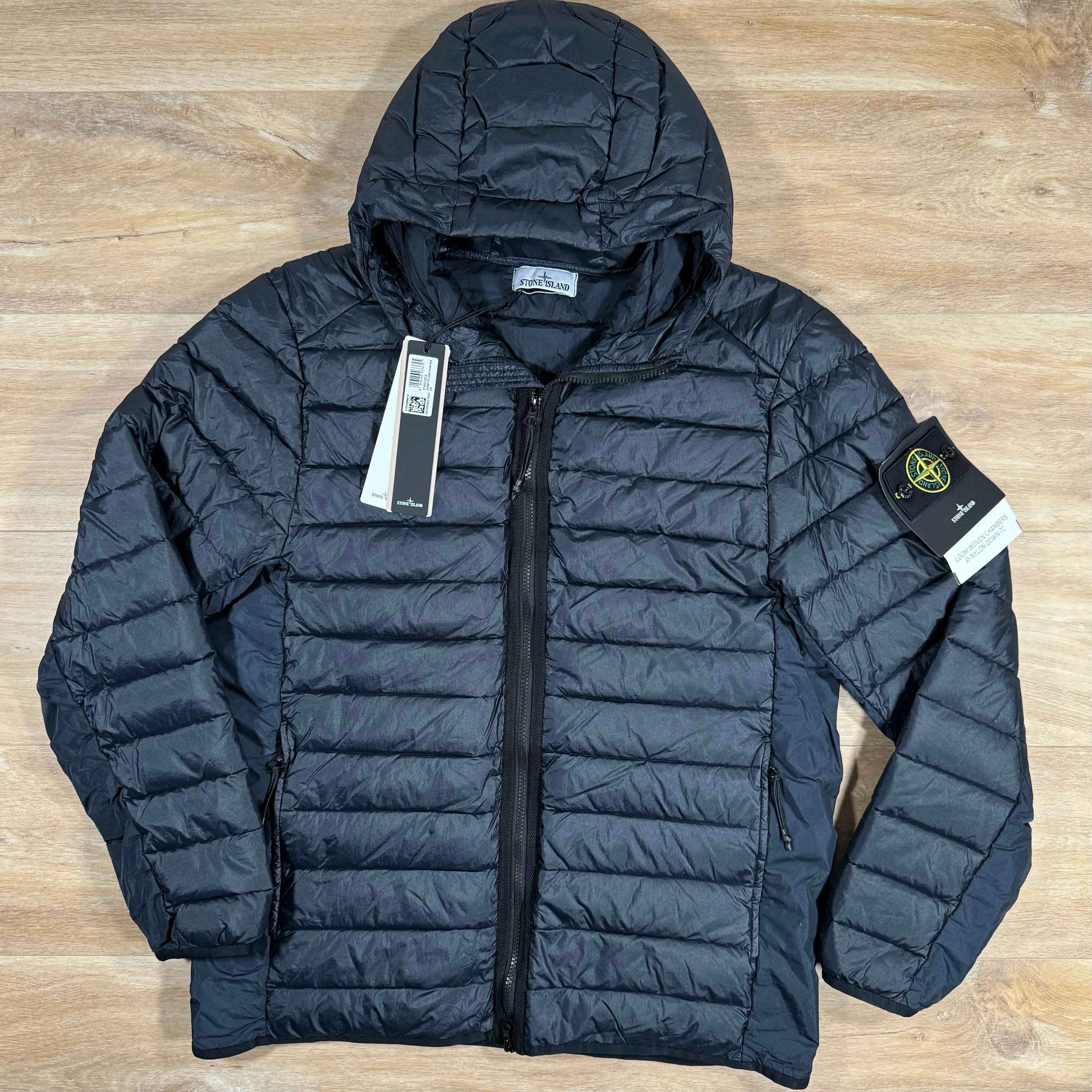 Stone Island Loom Woven Chambers Nylon Down-TC Hooded Jacket in Navy