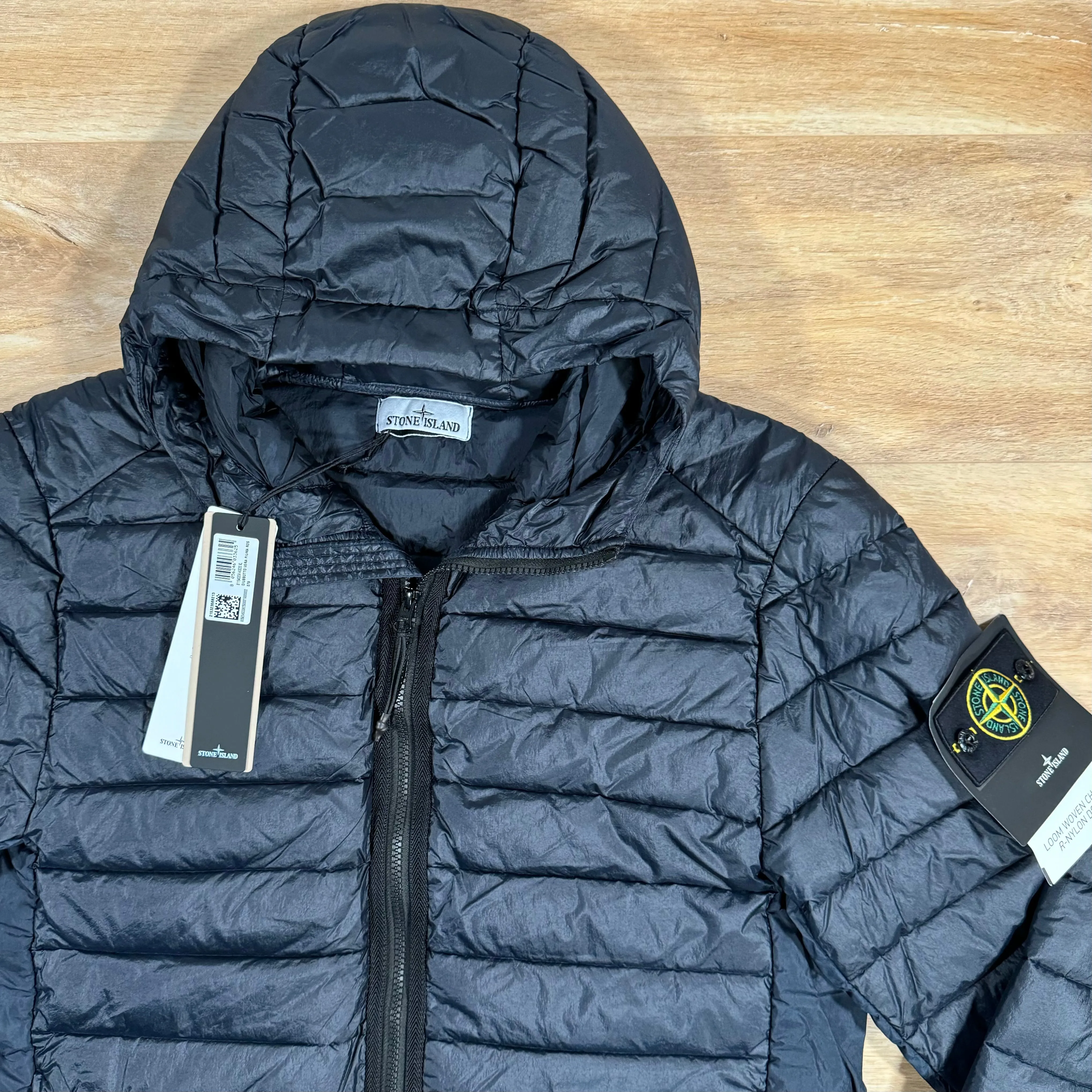 Stone Island Loom Woven Chambers Nylon Down-TC Hooded Jacket in Navy