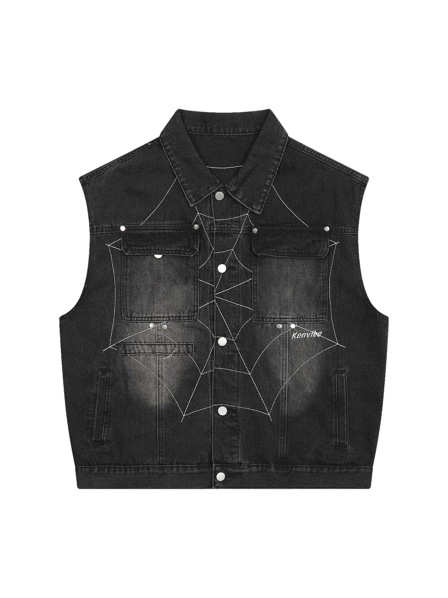 Thesupermade Dark Spider Letter Embroidered Denim Vest Jacket