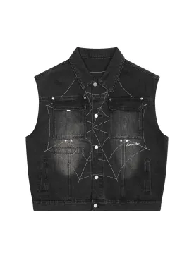 Thesupermade Dark Spider Letter Embroidered Denim Vest Jacket