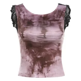 Tie-Dye Sleeveless Crop Top with Lace Back