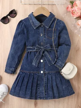 Trendy Girls’ Denim Dress with Collar & Bow Belt