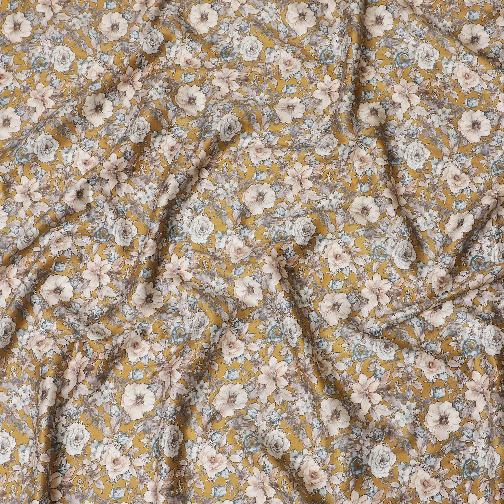 Vibrant Mustard Yellow Cotton Satin Fabric with Delicate Floral Print, 110 cm Wide-D19197