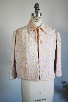 Vintage 1930s 1940s Pink Quilted Bed Jacket With Floral Print by Dolly Hart