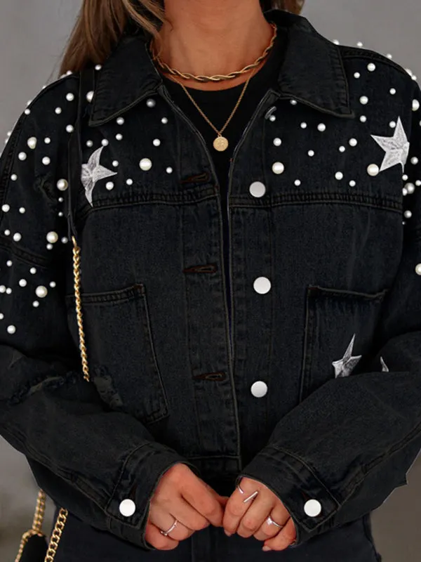 Womens Denim Jacket - Pearl Studded Distressed Denim Jacket
