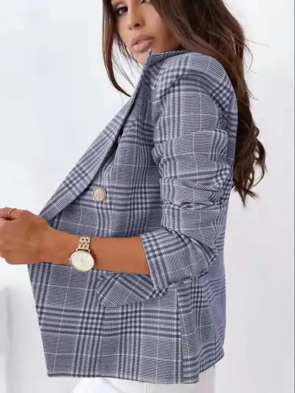 Women’s fitted check double-breasted blazer