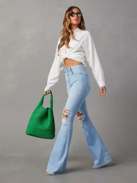 Women's washed ripped high-waisted denim wide-leg trousers